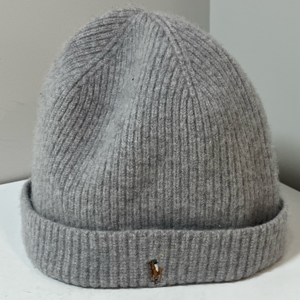 Polo Ralph Lauren 100% Merino Wool Gray Front Horse Logo Hat Beanie Winter Warm